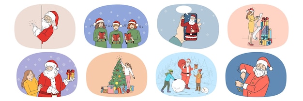 Ensemble De Personnes S'amusent à Célébrer Le Nouvel An Décorer Le Sapin Faire Des Cadeaux Collection De Noël Célébrant Avec Des Cadeaux Et Salutation Du Père Noël Vacances D'hiver Illustration Vectorielle