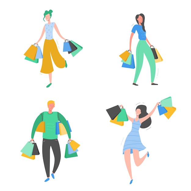 Ensemble de personnes avec des sacs à provisions et des cadeaux. Personnages homme et femme, grande vente, remise et bannière publicitaire, illustration de concept affiche promo