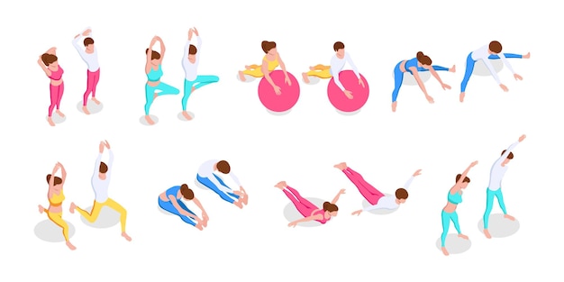 Ensemble de personnes sans visage faisant du fitness et des étirements. Activités à la maison, à deux, mode de vie sain. Illustration vectorielle isométrique isolée sur fond blanc.