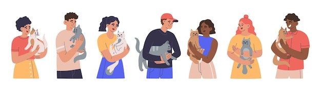 Vecteur ensemble de personnes tenant des chats mignons. différents hommes et femmes propriétaires de beaux animaux de compagnie, vecteur de couleur dessiné à la main
