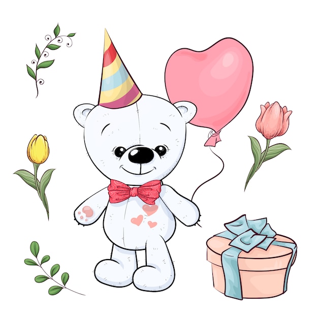 Ensemble De Petit Ours En Peluche Blanc Et De Fleurs. Dessin à Main Levée. Illustration Vectorielle