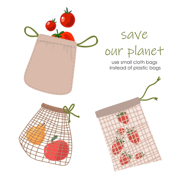 Ensemble De Petit Sac écologique D'épicerie Réutilisable Isolé Du Fond Blanc. Zéro Déchet (dites Non Au Plastique) Et Concept Alimentaire.