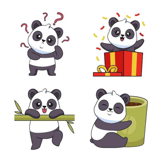 Ensemble de petits pandas drôles dessinés à la main avec une boîte d'expression confuse tasse à café en bambou