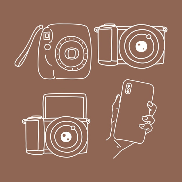 Ensemble De Photographie D'appareil Photo, Appareil Photo Instantané, Téléphone Et Illustration D'éléments Doodle Sans Miroir