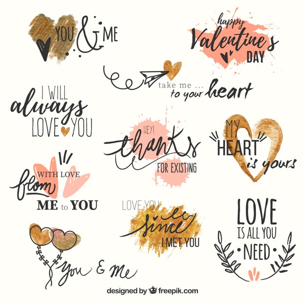 Ensemble De Phrases D'amour Avec Des Coeurs D'aquarelle