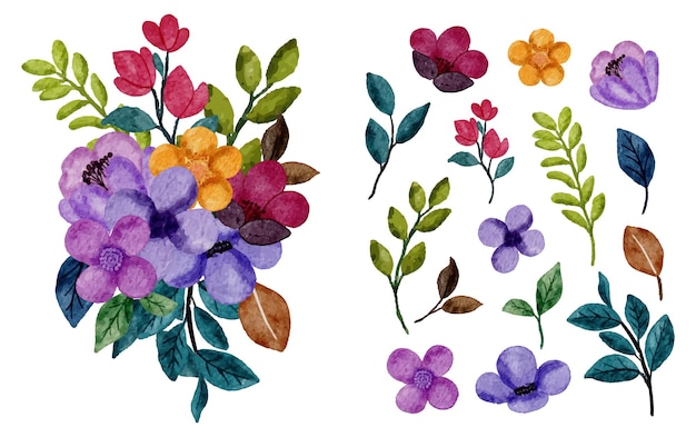 Ensemble de pièces séparées et réunies en un beau bouquet de fleurs dans un style aquarelle sur fond blanc illustration vectorielle plane