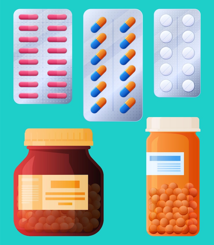 Vecteur ensemble de pilules en barils et plaques illustration de la santé humaine