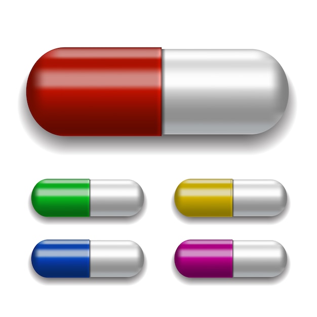 Ensemble de pilules médicales, différentes couleurs.