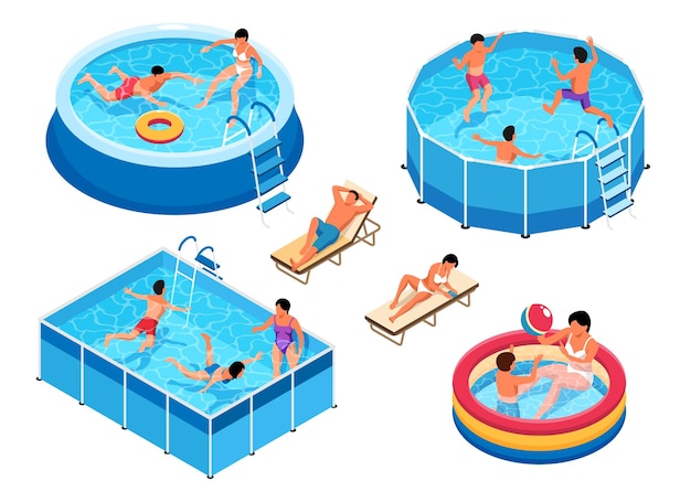 Vecteur ensemble de piscine isométrique d'icônes isolées avec vue sur les piscines gonflables et portables avec illustration vectorielle de personnes