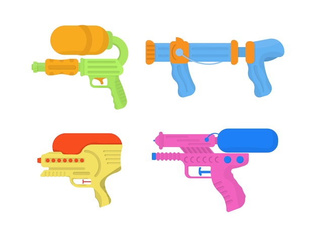 Vecteur ensemble de pistolets à eau jouet de dessin animé pour les enfants amusants. icônes d'enfants multicolores lumineuses. pistolets à eau sur fond blanc. jouets d'armes pour enfants. illustration,.