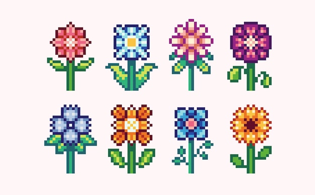 Ensemble de pixel art de fleurs colorées Collection de fleurons Floweret