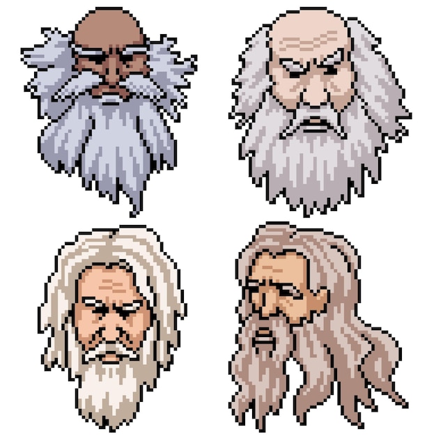 Ensemble De Pixel Art Isolé Vieil Homme Avec Barbe