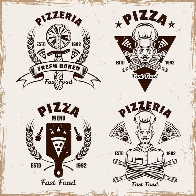 Ensemble De Pizza D'étiquettes De Badges D'emblèmes Vectoriels Ou De Logos Dans Un Style Vintage Sur Fond Avec Des Textures Grunge Amovibles