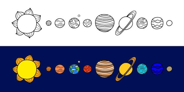 Vecteur un ensemble de planètes colorées et contournées dessinées à la main du système solaire isolées en arrière-plan