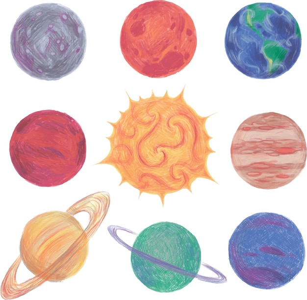 Ensemble De Planètes Du Système Solaire Et Soleil Dans Un Style Graphique Au Crayon