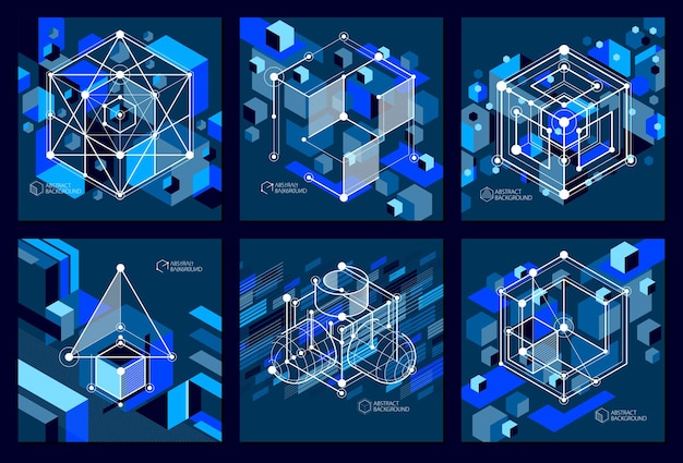 Ensemble de plans techniques, arrière-plan numérique noir bleu vectoriel avec éléments de conception géométrique, cubes. Papier peint technologique d'ingénierie fait avec des nids d'abeilles.