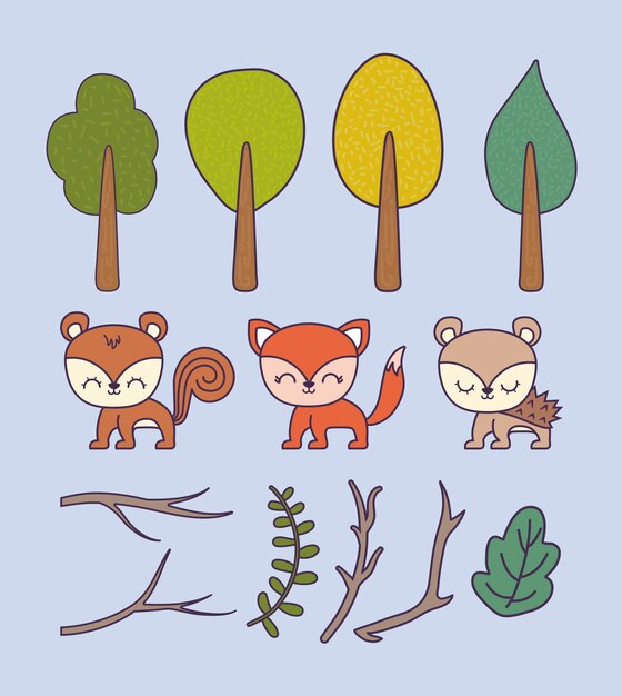 Ensemble De Plantes D'arbres Avec Des Animaux Et Des Branches