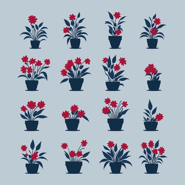 Vecteur ensemble de plantes domestiques à fleurs rouges dans le vecteur de pot