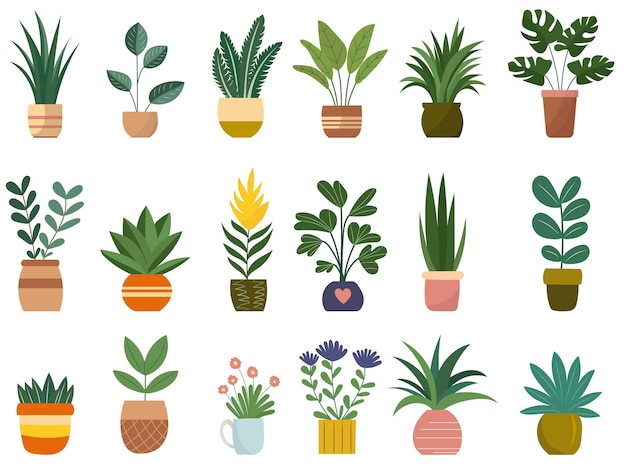 ensemble de plantes d'intérieur dans des pots de fleurs en vecteur de style doodle