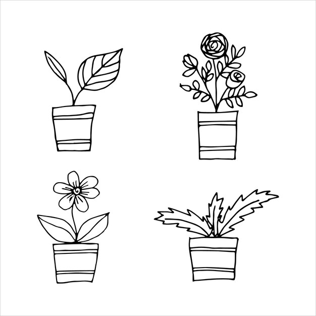 Vecteur ensemble de plantes d'intérieur dessinées à la main dans un pot doodle design