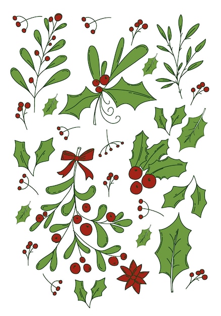 Ensemble De Plantes De Noël Avec Des Fleurs, Des Branches D'épinette, Des Feuilles Et Des Baies, Des Arbres De Noël