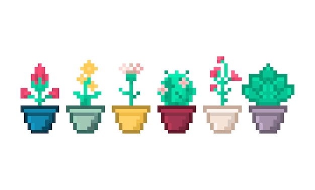 Ensemble De Plantes De Pixel Sur Un Décor Floral En Pot Pour La Décoration Intérieure De La Maison