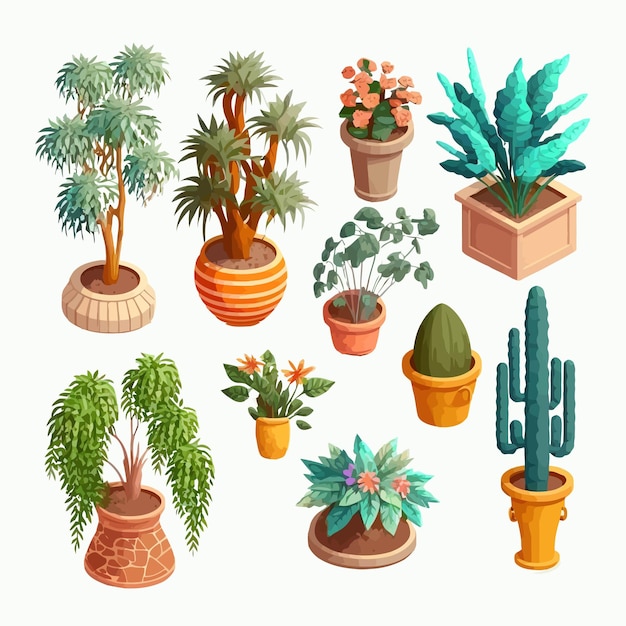 Ensemble de plantes en pot maison et d'arbres dans des pots de fleurs Isolés sur fond Illustration vectorielle de dessin animé