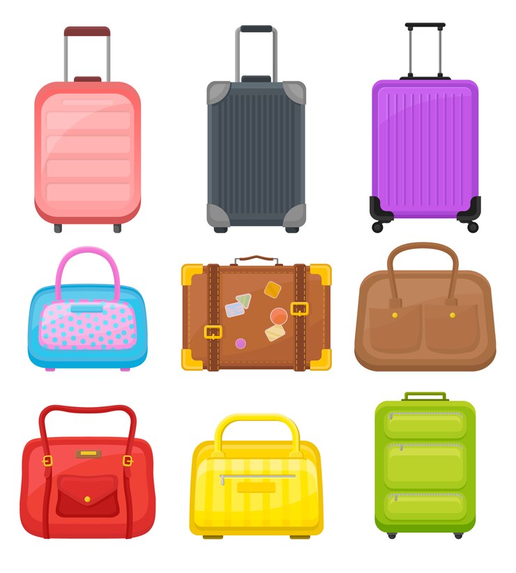 Vecteur ensemble plat de divers sacs de voyage. valises à roulettes, sacs à main élégants pour femmes et étui rétro avec autocollants