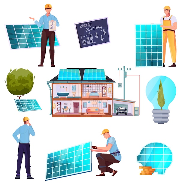 Ensemble Plat D'énergie Solaire D'employé De Centrale Solaire Et Maison équipée De Panneaux Solaires Sur Illustration Vectorielle De Toit Isolé