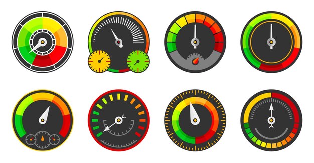 Ensemble Plat D'indicateur D'interface De Tableau De Bord De Compteur De Vitesse. Mesure De La Vitesse Du Transport, Panneau De Progression De La Charge Du Trafic, Symbole De L'autocollant, Puissance Motrice. Icône De Technologie Internet De Téléchargement De Course Isolée Sur Blanc