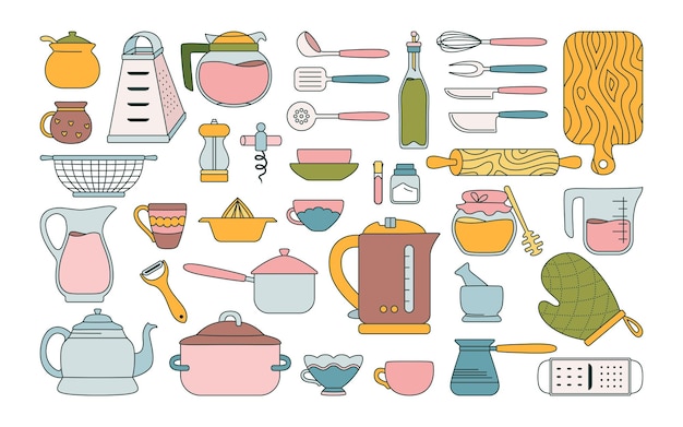 Ensemble plat de ligne d'outils de cuisine. Objets de collection d'ustensiles de cuisine dessinés à la main