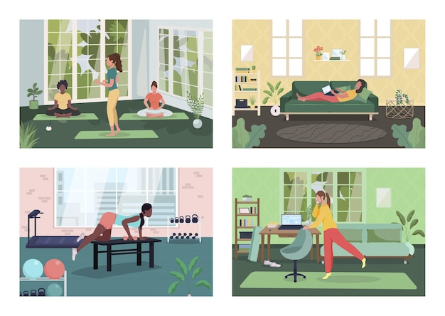 Ensemble plat de mode de vie sain des employés. Freelance sur canapé avec ordinateur portable. Cours de méditation. Salle de sport de bureau. Personnages de dessins animés 2D pour femmes avec collection intérieure