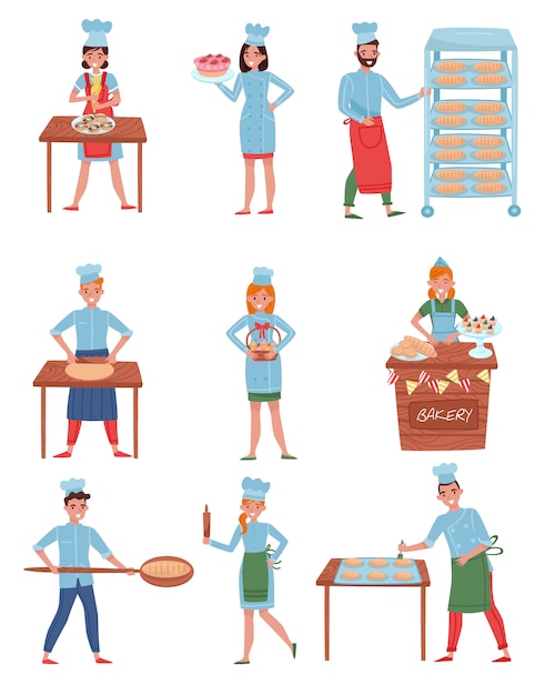 Vecteur ensemble plat de personnages de boulangers. gens heureux en uniforme de travail. jeunes hommes et femmes travaillant dans une boulangerie