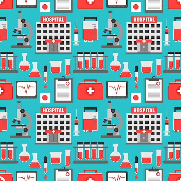 Ensemble plat sans couture d'analyse de sang de soins de santé avec illustration vectorielle de l'hôpital