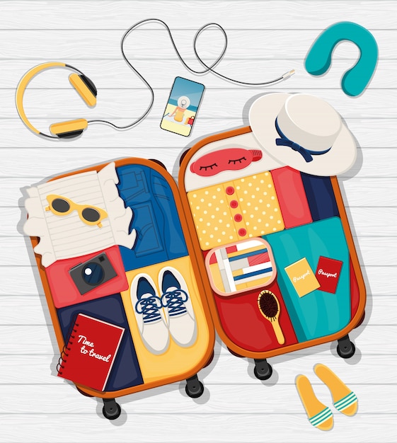 Ensemble plat sur le thème des voyages, vacances, aventure.
