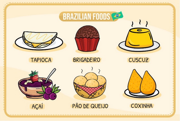 Vecteur un ensemble de plats brésiliens avec couscuz brigadeiro tapioca feijoada pao de queijo coxinha acai