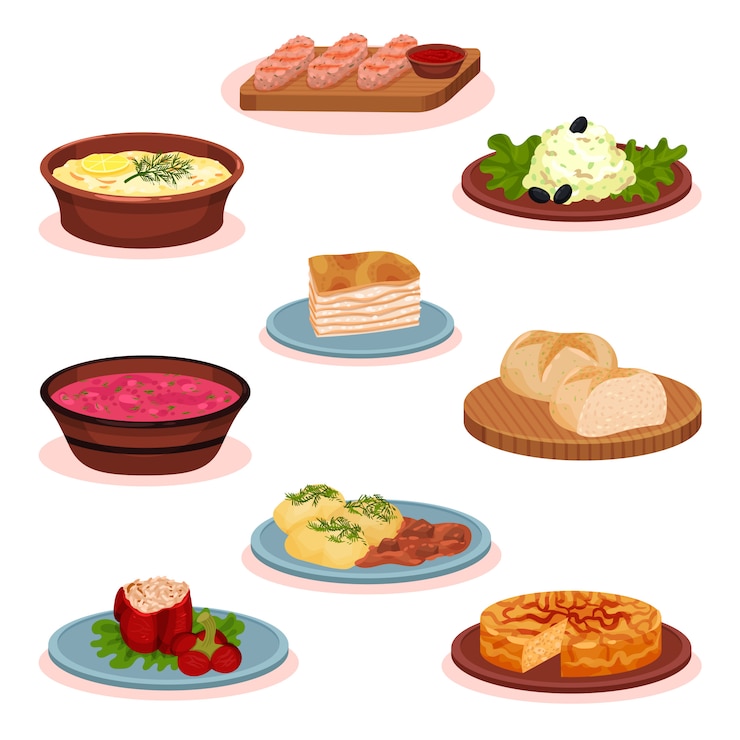 Vecteur ensemble de plats de cuisine nationale de cuisine bulgare, nourriture saine traditionnelle illustration sur fond blanc