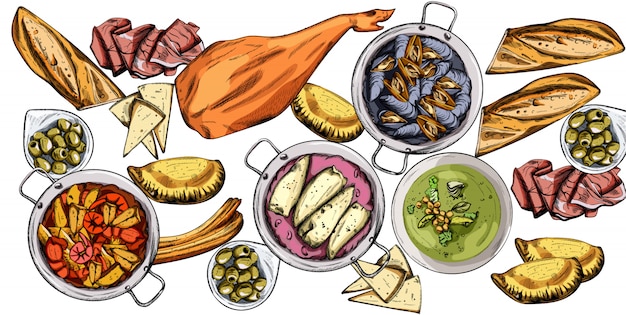 Vecteur ensemble de plats savoureux. moules, jambon, baguette, calzone, soupe de fruits de mer, haricots verts ou purée d'épinards