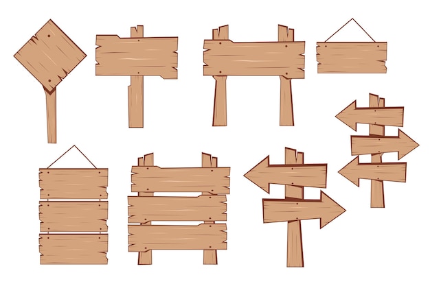 Vecteur un ensemble de plusieurs signes en bois dans le style des dessins animés