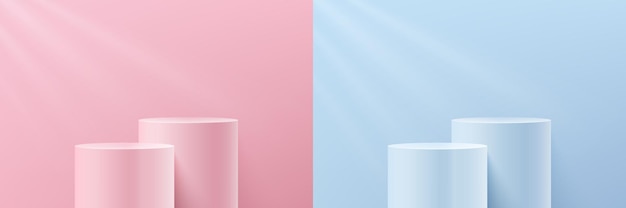 ensemble de podium de piédestal de cylindre de verre transparent 3d abstrait sur une scène de mur pastel rose et bleu