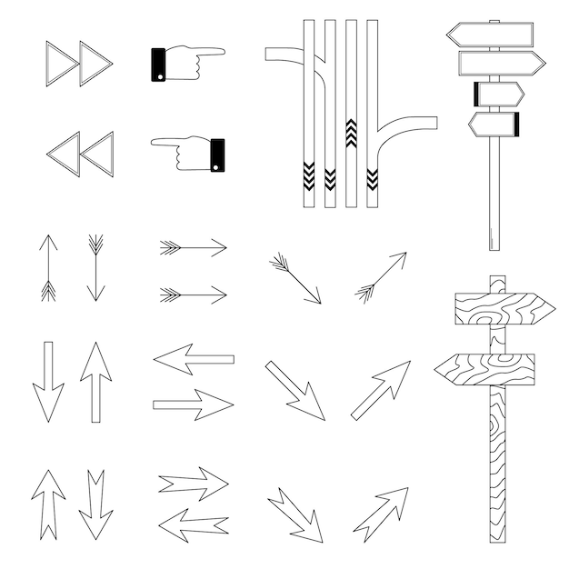 Ensemble de pointeurs dessinés à la main pour aider à trouver le chemin Flèches indiquant la direction Doodle