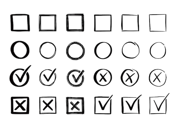 Vecteur ensemble de points de contrôle et de croix. style de croquis de doodle dessinés à la main. votez, oui, pas de concept dessiné. case à cocher, croix avec boîte, élément de cercle. illustration vectorielle.