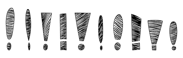 Ensemble de points d'exclamation dessinés à la main Scribble doodle signe de point d'exclamation Croquis du signe de ponctuation