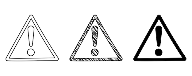 Vecteur ensemble de points d'exclamation vectoriels dessinés à la main en triangle dans un style de dessin animé doodle
