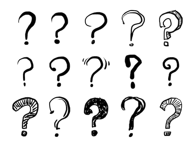 Un ensemble de points d'interrogation dessinés à la main, des points d'introduction isolés sur un fond blanc.