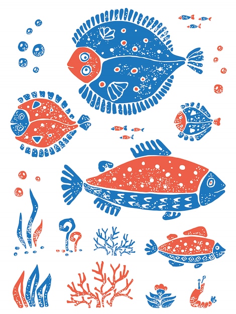 Vecteur ensemble de poissons bleus orange dans un style de lino naïf