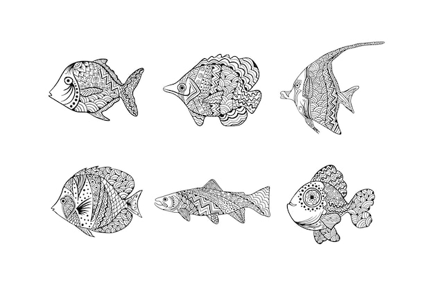 Ensemble De Poissons Mandala Dessinés à La Main