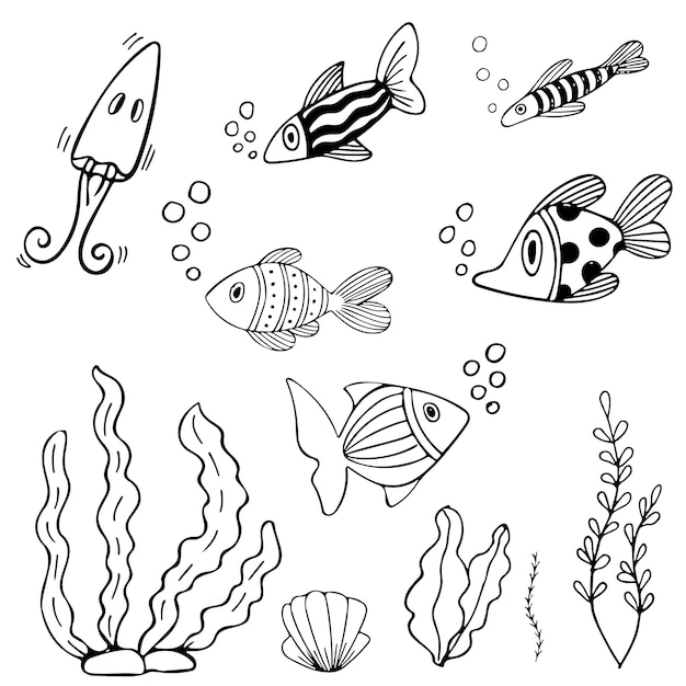 Ensemble de poissons noirs et blancs dans le style d'encre de doodle illustration de poissons de mer dessinés à la main