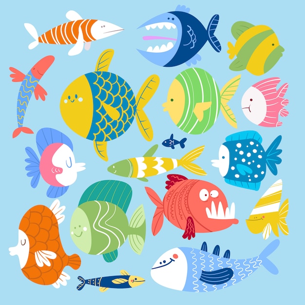 Ensemble De Poissons De Style Dessin Animé