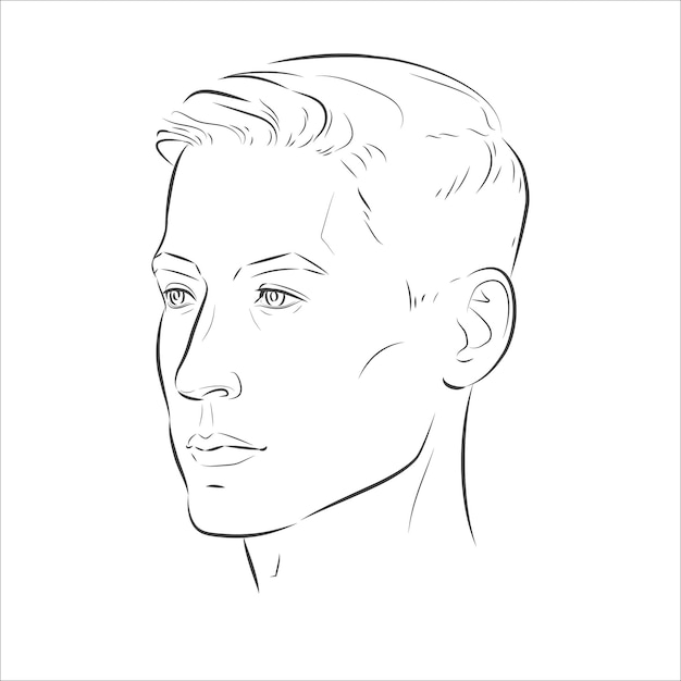Ensemble de portrait de visage d'homme sous trois angles et tours différents d'une tête masculine. Croquis de ligne vectorielle en gros plan. Vue différente de face, de profil, les trois quarts d'un garçon.